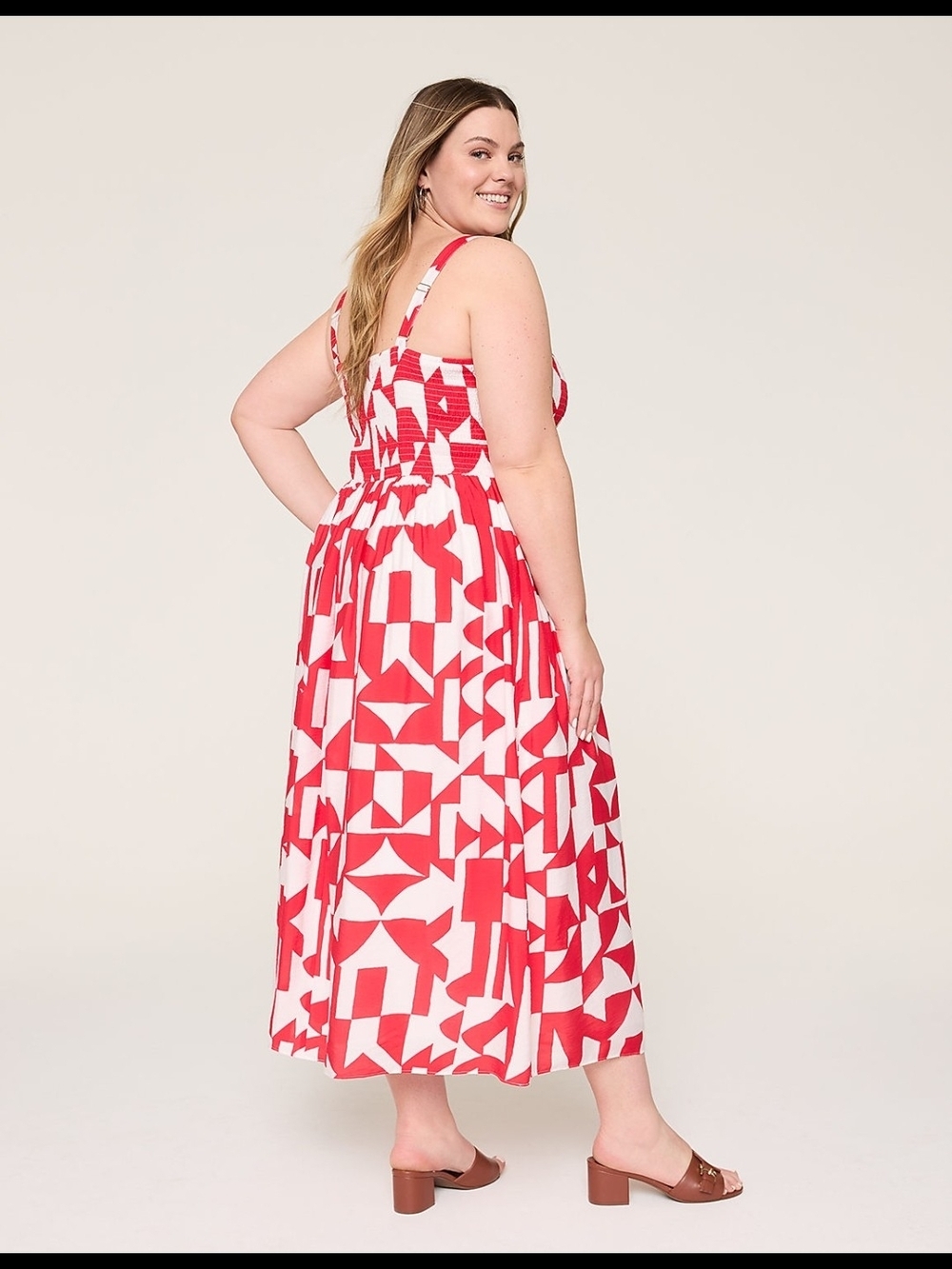 LANE BRYANT Plus-Size Red and White Geometric Midi Sundress